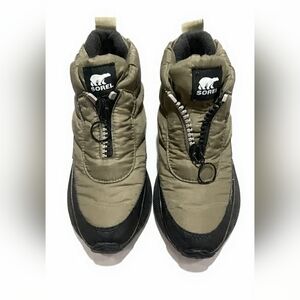 Sorel Women's Black and Olive Out And About Waterproof Puffy Winter Boots